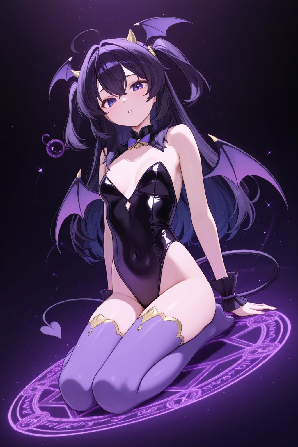 Highest quality　Highest quality　Draw a face carefully　High-definition anime-style face　Super Glowing Skin　Long black hair　Black leotard　Purple pantyhose　Succubus　lure　smile　squat