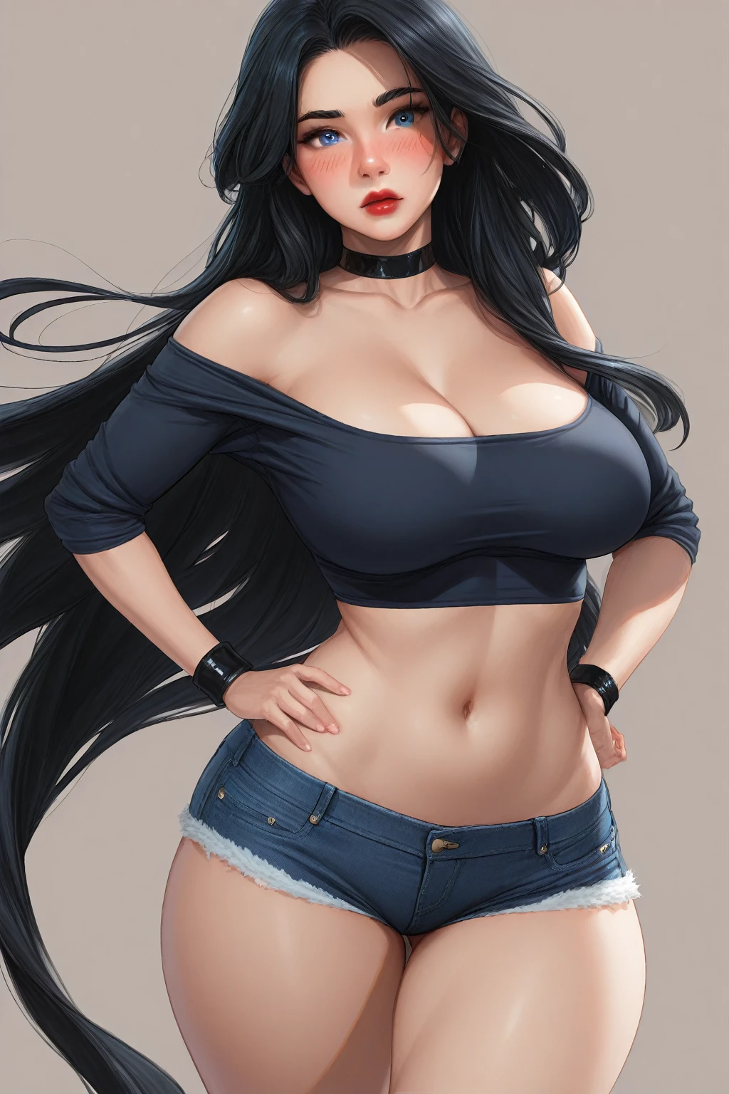 1 mature girl, beautiful face, blue eyes, red cheeks, smile, long straight hair, black hair, long bangs, seky body, colossal , overmany, big and droopy, big titietra, protruding nipples, wide hips, crop tops, mini pants, tight tops, casual clothes