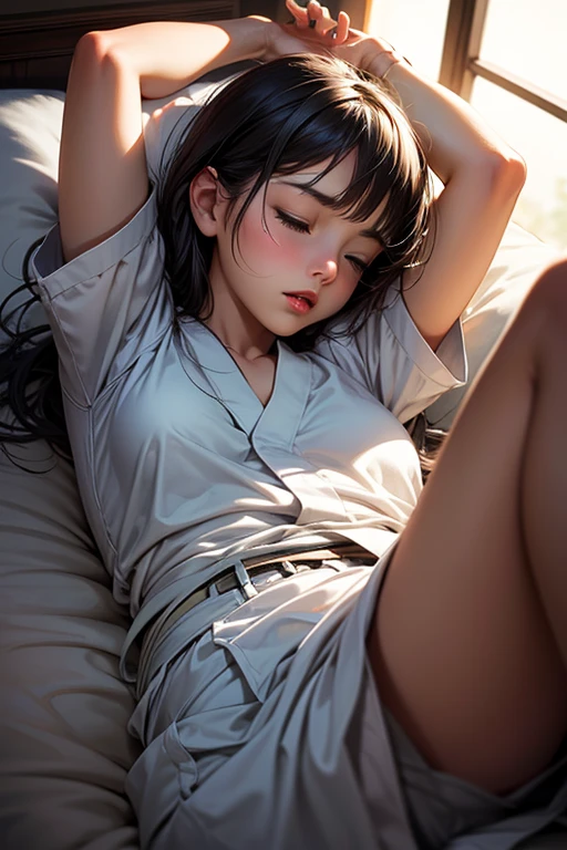 White blouse isolated on white background、Ribbon Ties、blue skirts、Wear folded white socks、A woman in Japan lies on a white bed with a faint smile，Isolated on bright white background、Perfect ???????，medium boob， your ass，ass facing me