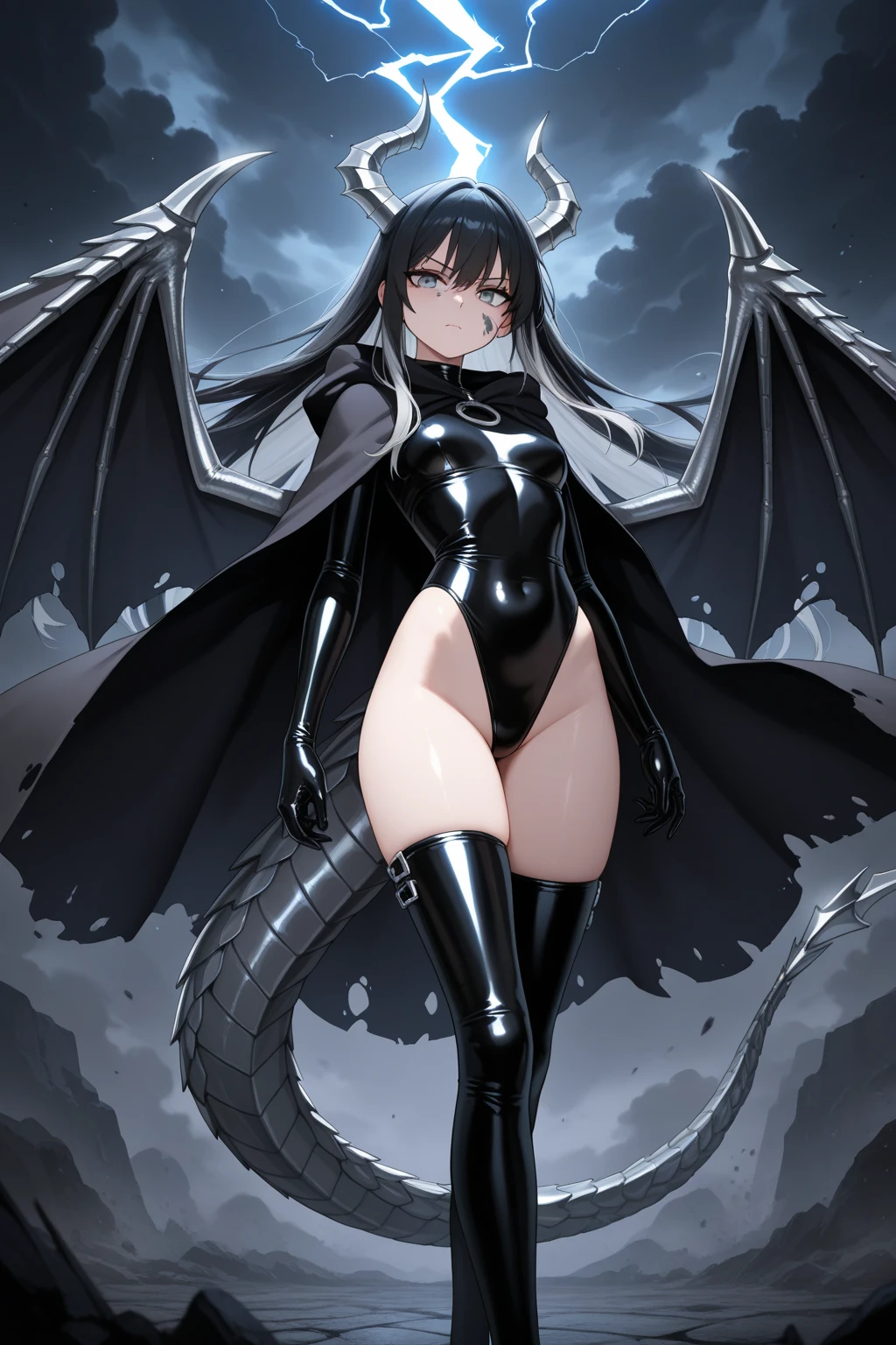 (platinum half dragon), long black, metallic silver Wings, humanoid face, (metallic silver scales), silver scales covering all parts of her body except her face, She has a pert D cup bust, Her extremely long ebony black wavy locks and falls to bellow her lower back. They have green eyes. They are four foot eight inches tall, 4'8" tall, (body curvy), extremely long black hair, dragon girl, silver dragon scales, woman, antrum, 1girl, Alone, delicate body, slender body, long hair, wings, dragon wings, anime style, high quality, best quality, flaking skin, in a realistic style room, scales, dark scales, leg with scales on the thigh, arms with scales, face with scales, dark skin, scaly skin, textured scales