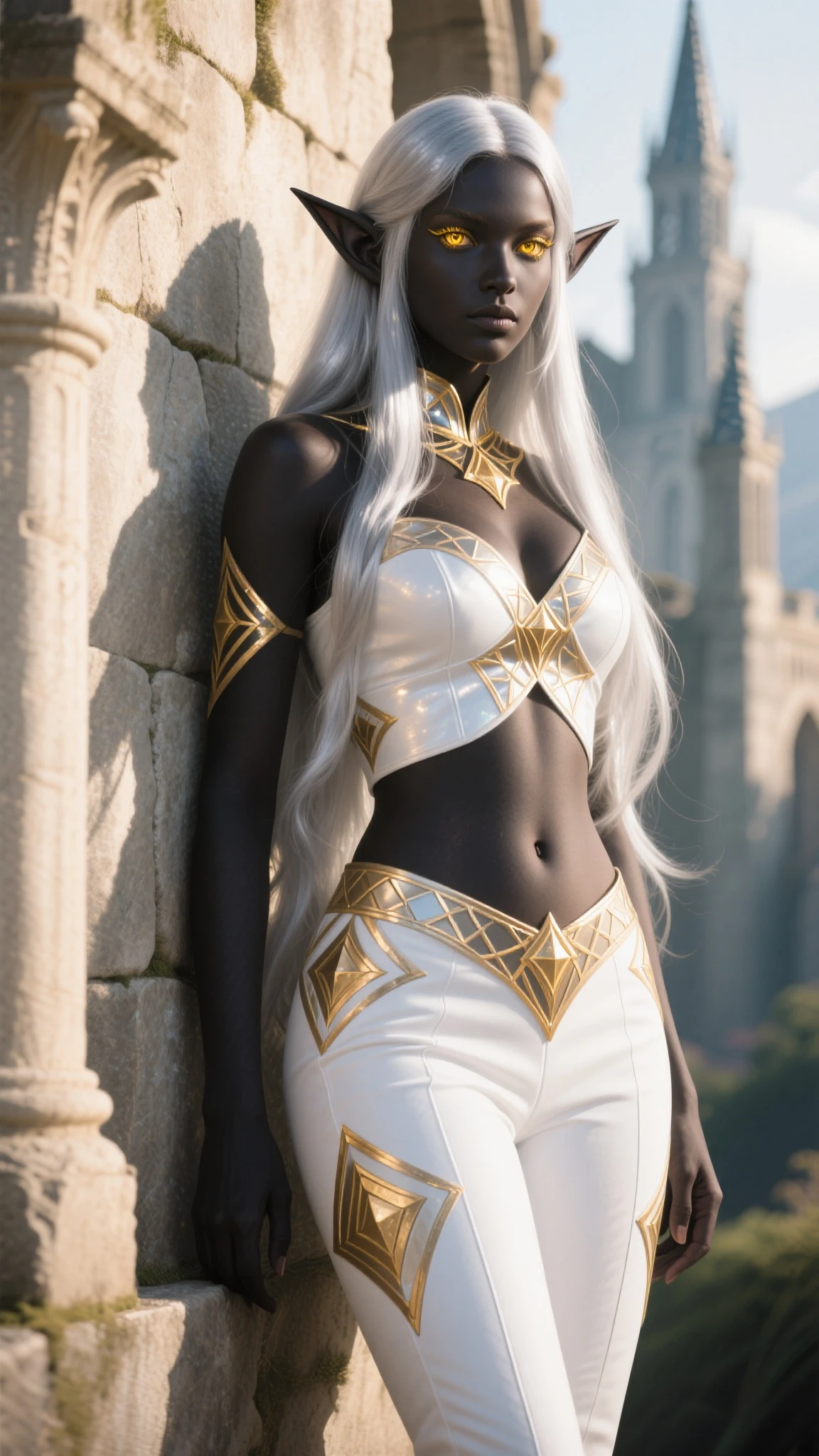 Half body of a beautiful young woman with long wavy white hair, with decorations, black skin color, raza afro, black armor. The armor is intricately designed with detailed patterns, covering the shoulders and chest. She has a calm, confident expression on his face, with a soft gaze that looks slightly to one side. the background is blurred, suggesting an ancient or mystical setting, possibly ruins or an ancient structure
