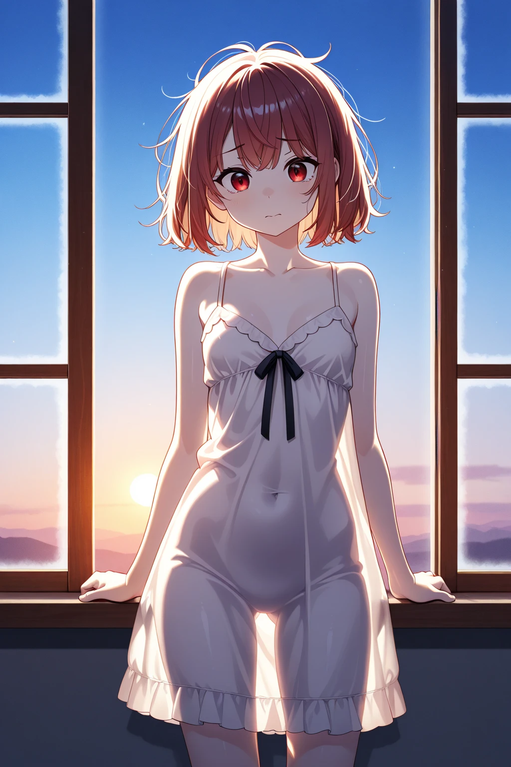 realistic,highest quality, Super detailed, High quality CG drawing, The most delicate and beautiful, floating gently, High resolution, (1 girl), (best image quality,4k,8K,masterpiece:1.2) , (All red-haired:1.5),(medium hair:1.5),(red eyes:1.5),(Completely naked:1.5),room,bed,is falling down,(face down:1.3),Upper body,(slightly larger breasts:1.5),(Turn your back to your audience:1.3)