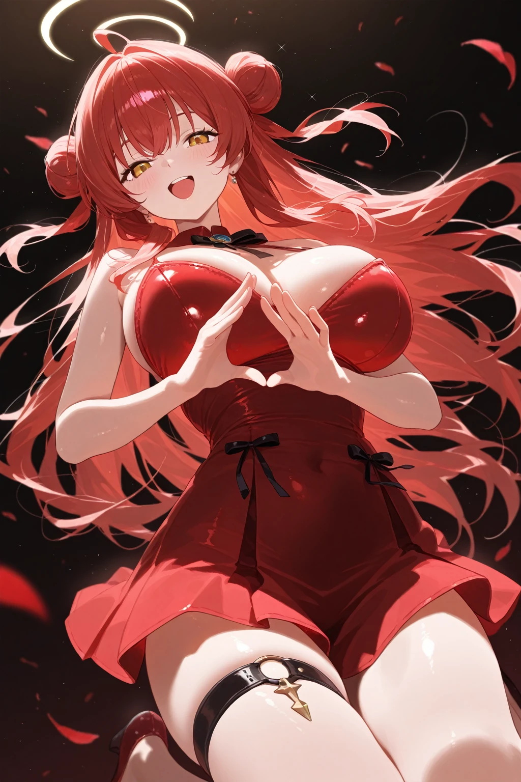 Asuka Langley, tetas enormes, cameltoe, (symmetrical design card,portrait,beautiful detailed eyes,beautiful detailed lips,extremely detailed eyes and face,longeyelashes,illustration,highres,ultra-detailed,realistic:1.37,studio lighting,vivid colors,deep red,hearts motifs,symmetric patterns,regal atmosphere)