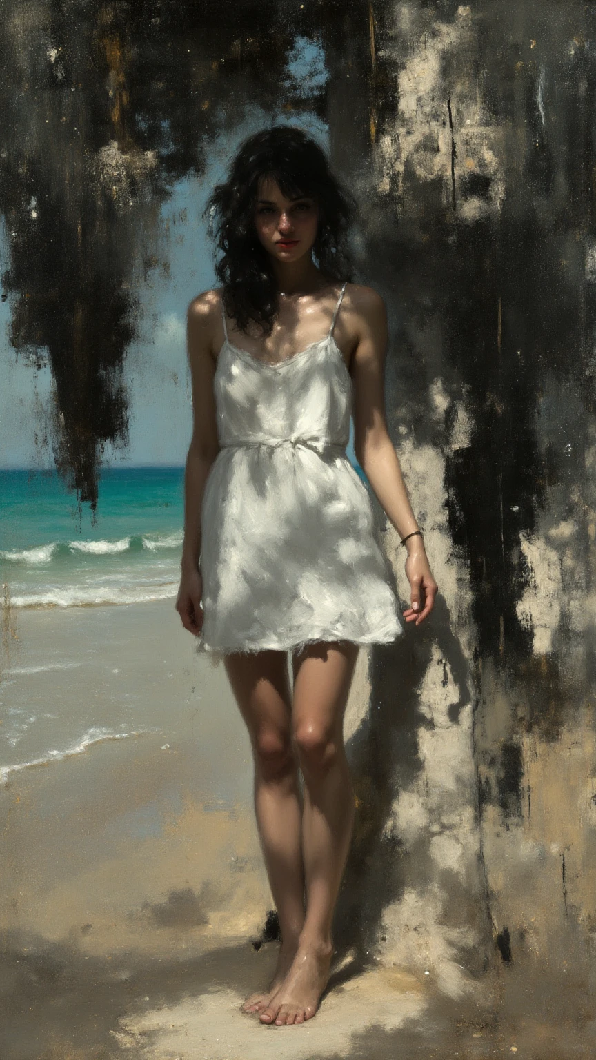 alone in the universe, in watercolor style, Photorealism, discreet golden and ruby and mint shades, (nude) a gentle, modest, thin girl of 16 years old with a very beautiful, sophisticated face of the southern type with a short dark hairstyle with beautiful breasts with tender nipples (barefoot) in a long old green skirt walking in the distance (Across the desert) with a metal green flask of wine, stunted little plants, drought, precious jewelry on the neck and chest and on the wrists, precious bracelets, ankle bracelets