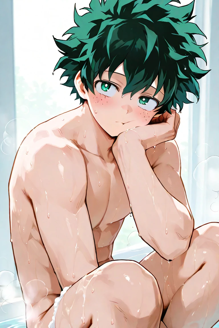 Japanese men、13 years old、Well-developed muscles and smooth skin、Fluffy, voluminous, bright green hair、Thin yellow boxer briefs、You can see the whole body from head to toe.、Smiling softly and friendly、Hero Academy、Manly posing in the bathtub