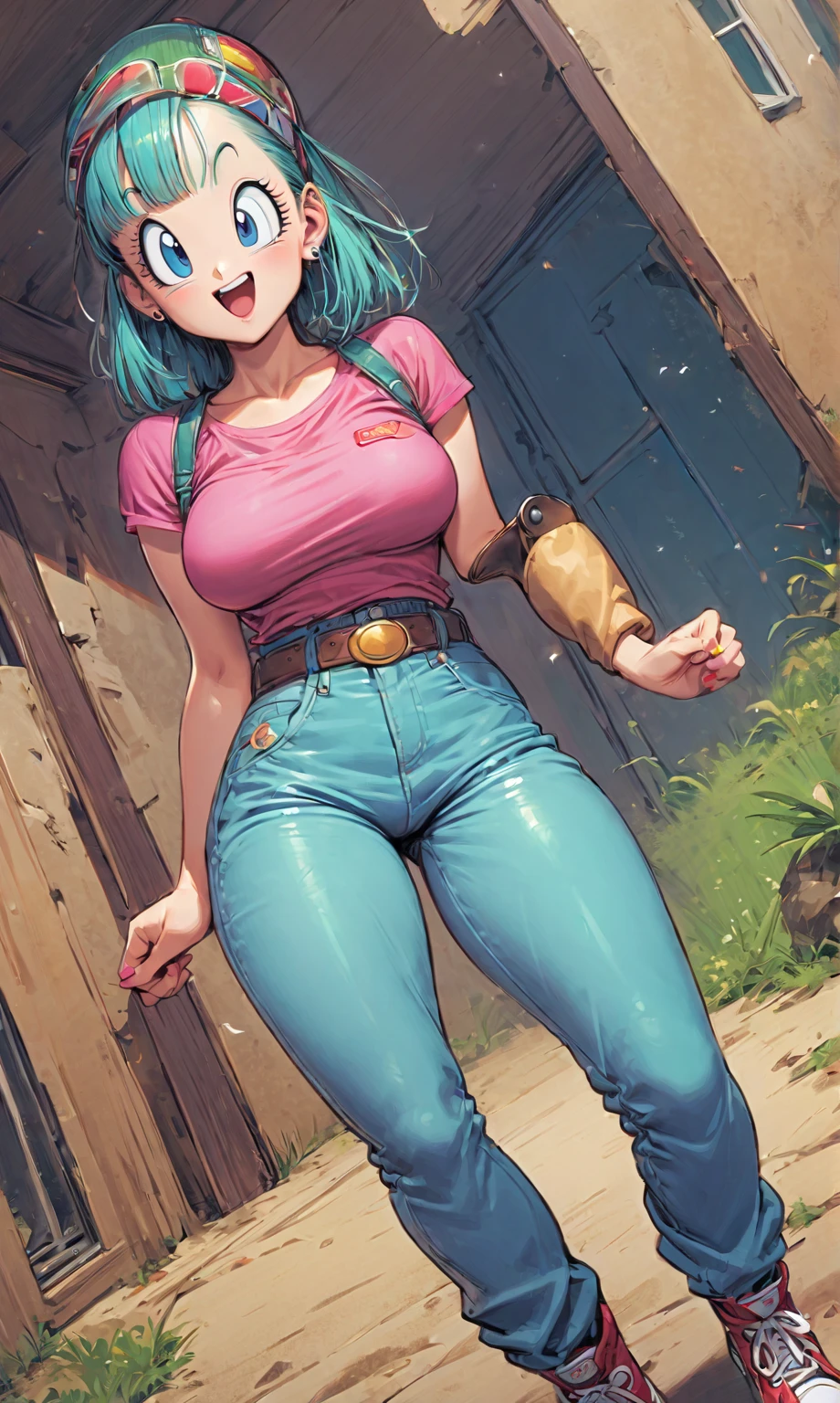 Waifu, work of art, curved, breastsout, moonligh, full moonligh, mitts, 1 girl, clenched teeths, Bulma, neckleace, large breastsout, teeths, aqua hair, red mitts, regatta, blue colored eyes, assessment:explicit,RULE 34, unconditional, ,,clenched hands, punching, natta, sky, overalls, pants, bared shoulders, hair blue, clenched hand, assessment:questionable, shorth hair, waist belt, hair green, standing alone, Jumpy, orange mitts, bite the lips(gigantic and huge breasts:1.1), breastsout, official illustration, illustration, face detailed, beautiful intricate eyes, curved milf, 1:2), close up, niplles