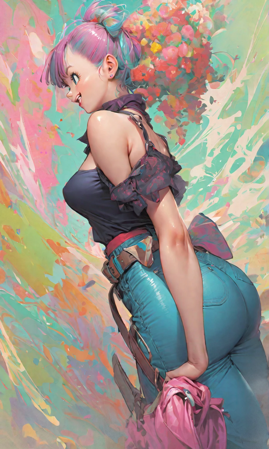 mirabel madrigal, glasses, SMILE, ((sleeveless sweater)), market bottom, (((cowboy jeans))), (((Brown leather))), (((baseball cup))), detailed skin, perfect legs, perfect thighs, (((curvy body))), ???????????, ((((take ???????????, backwards, showing the ???))))