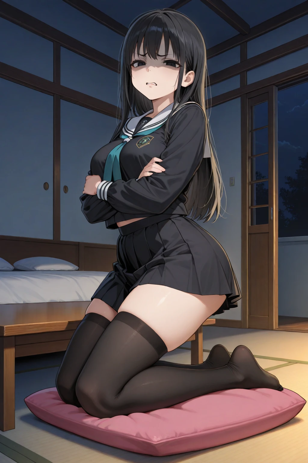 masterpiece, Best quality, absurdity,behind, Juliet повязка, headband, Juliet, the skin is thick, big breasts, cropped jacket, orange eyes, A long tail, Brown hair, multicolored hair, highlighted hair, очень big breasts, hips, gluteal fold, legs without shoes in black tights to the waist, waist, bra, white underwear, Full body view from head to toe outdoors, ahoge, autumn, USA, (night:1.2) dynamic pose, lying position