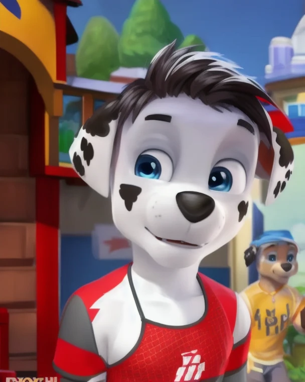 Detailed texture of fluffy fur.., impressionistic mix, (por Foxovh, Ross Tran, Michael Garmash, pino daeni, Spark - spark), detailed eyes, very detailed students., alone, furry, The second, marshall-pp, domestic dog, male, blue eyes, White skin, white body, cuerpo standingl, fully dressed, Detailed texture of fluffy fur.., curves, Wide , inner hairy ears, from the front, standing, Blue  interior apartment background, day, 1 chico, smile, body with   The back   out