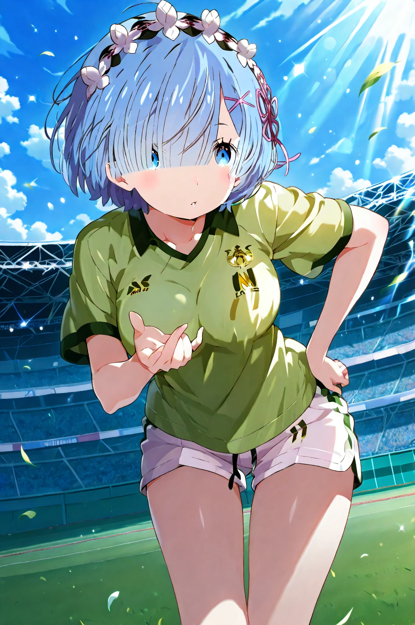 Girl with short green hair, Small size breasts,、Green Eyes, 、,Full body photo from head to toe、soccer player、Soccer uniforms、、Uplifting、Run in、Super Play、Take the shot、Hot Scene