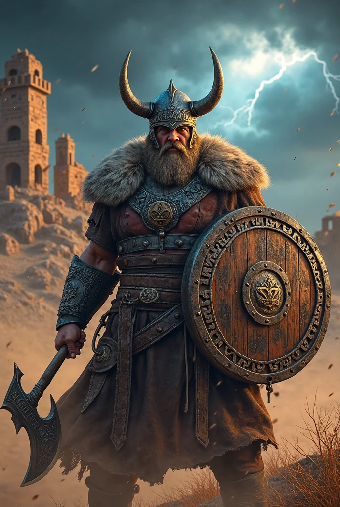 warrior dwarf man, wearing shining armor, viking helmet, carring a big battle axe, realistic, 8k, ultra high quality image --auto --s2