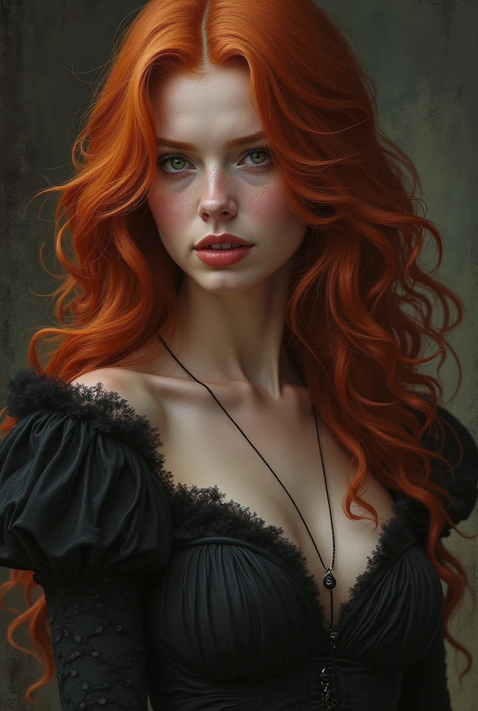 A realistic picture of a woman with long red hair wearing a long modest black dress 