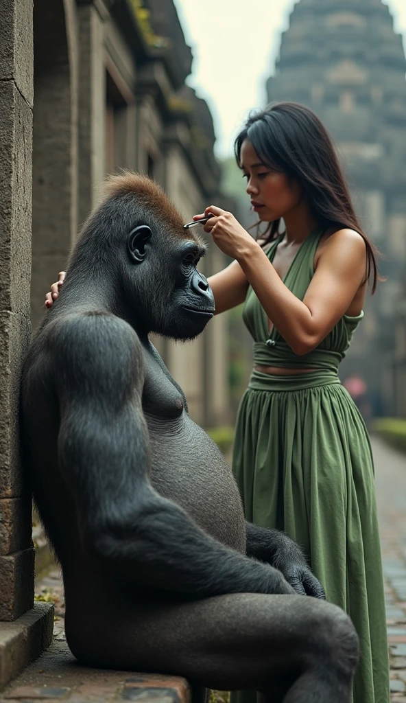 A very hyper realistic camera style portrait shot with very close to real world details depicting creatures. A creature with a human body and female genitals but a primate head, aka a primate head with a normal sexy human body wearing a black singlet and a sexy tight short skirt is squatting.