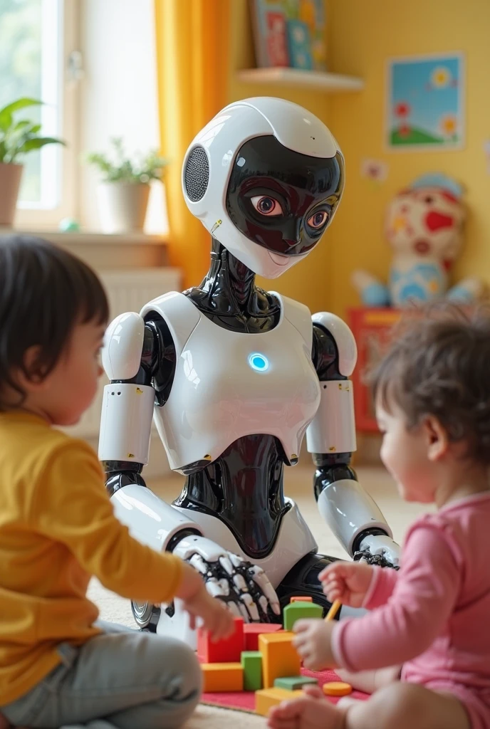A babysitting robot that takes care of children that is human with a more human shape, being feminine but docile without being ugly