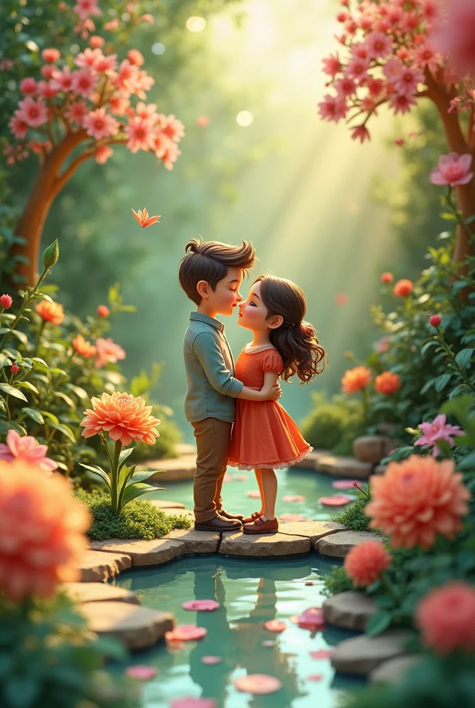 In cinematic 3d cartoon style "Add subtle elements such as a small river or flowers around them to enhance the romantic and serene atmosphere"