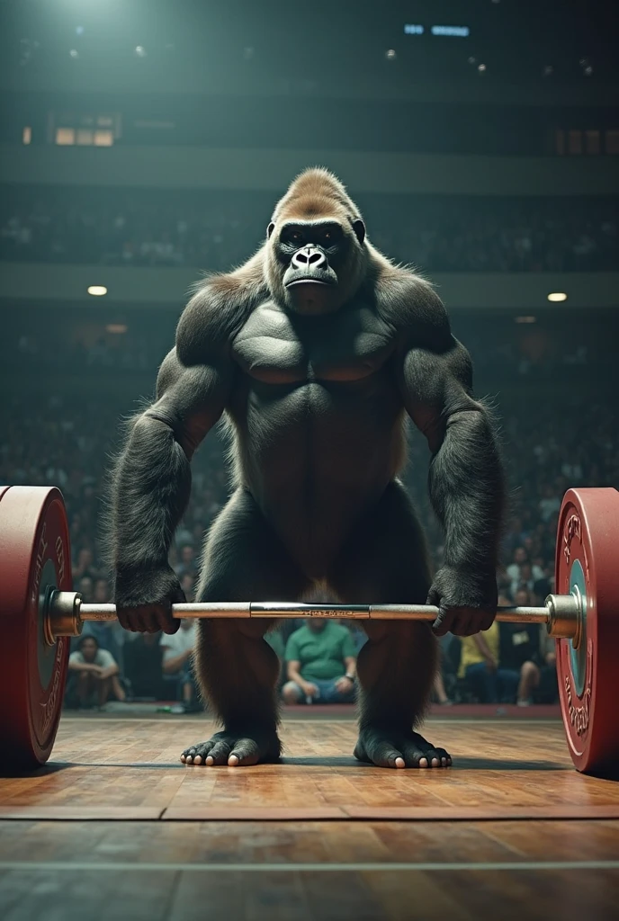 Angry gorilla lifting weights in a realistic gym