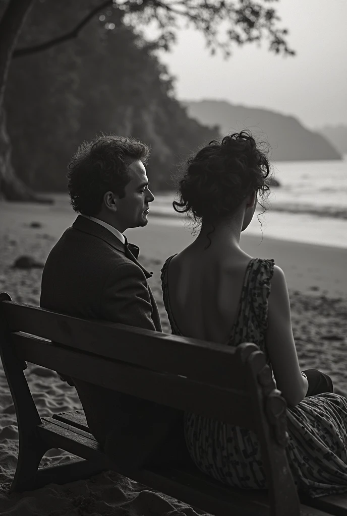 The man in his 45s with black very short hair and smooth face with moustache. The woman in her 45s with brown wavy long hair. The man is wearing an unbuttoned white shirt and black trousers. The woman is wearing a black low-cut evening dress. Seaside, beach, sandy beach. Night. Small ring of fire. The woman is lying on the beach. The man lay on top of the woman. They have sex. Romantic. Passionate. Side view. UHD. HDR. Cinematic.