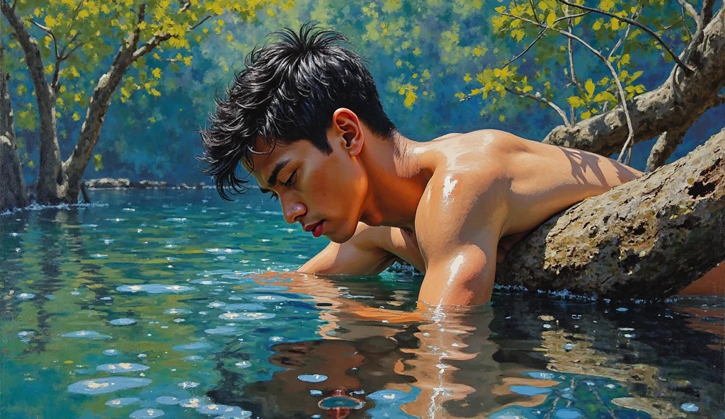 God of spring, defined man, he is very beautiful, brown skin, honey eyes, black hair, the bowl cut, jungle men, he is not wearing clothes, he is naked, lying in a lake, on his back there are aquatic flowers , vitorias regias, he is in the Brazilian Amazon, he is lying in the water on the edge of the lake, we see him from above, naked, full body.
