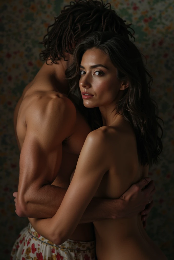 a couple of different ages, a middle-aged woman aged 60 years, her hair in a bun, naked, standing, she is being hugged tenderly by a man who is younger than her, the man is 20 years old, in a luxurious room, luxurious bed in the background, very detailed  , cinematic, photorealistic