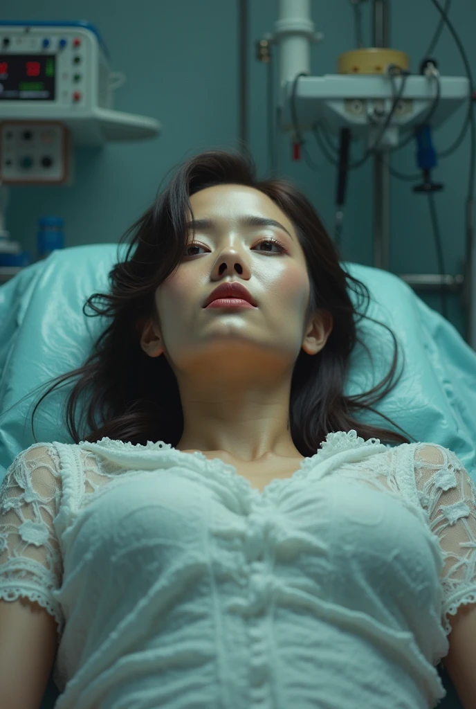 (photorealistic), a realistic and haunting image of a (dramatic) corpse, featuring a Japanese nurse in a hospital setting, expressing a sense of tragedy. Her eyes are rolled back, creating a chilling atmosphere. The dimly lit background enhances the somber mood, with muted colors adding depth to the scene, including subtle shadows and highlights for an ultra-detailed presentation,full body photo.