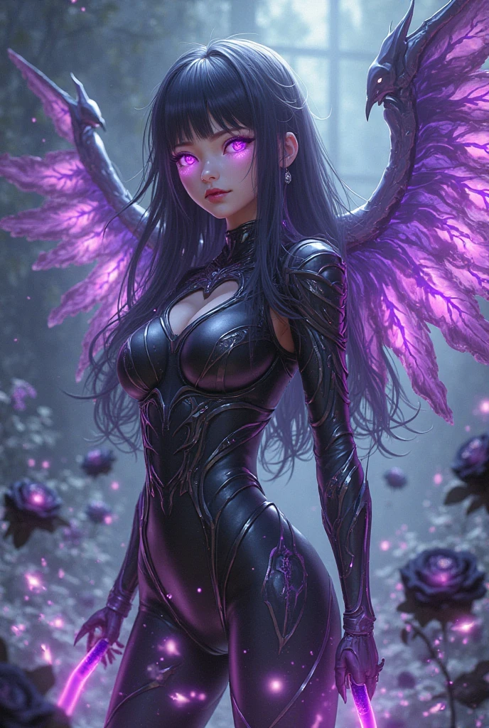 A woman with black hair and purple eyes, with armor, elsword, shield and bow of a space goddess. without being vulgar