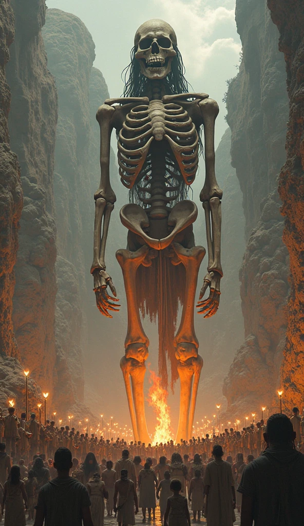 a man standing in front of a giant skeleton god with golden aura. in a heaven like setting.  Epic fantasy science fiction illustration

make the picture landscape