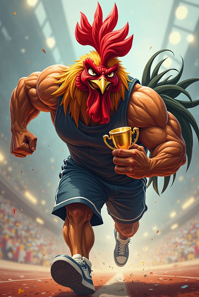 Rooster beating Marvel's Hulk on a sports court