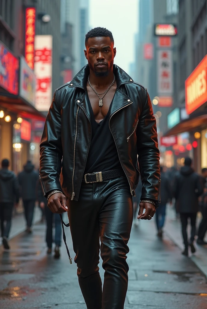 Young muscular black man with a waist-length jacket, tight pants, Boots, a double hole belt, about 5 centimeters wide. All of her clothes are leather, and has a big bulge in his crotch.