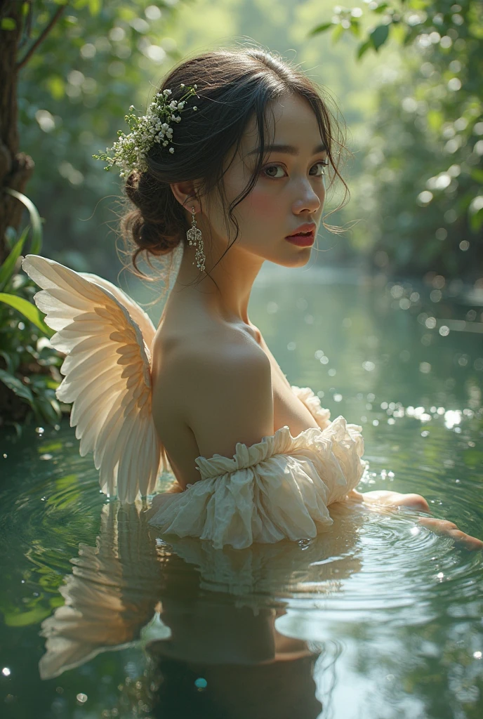 angel, wings, with blonde hair, perfect face, max details,, realism, max realism, realistic, ultra realistic ,8k uhd, small breast
gloriole on her head, nature light, wet tight yoga, legs in water, 🙏 hand pose