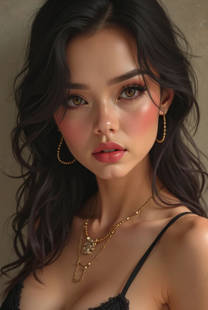 a close-up of a woman wearing a black bra and gold earrings, Kylie Jenner, com cabelos escuros amarrados em um coque, olivia culpo, flawless olive skin, cerveja madison, Retrato Sophie Mudd, brincos enormes, Topknot, 18 anos, cool looking, - Shanina Shaik como Medusa, Retrato claro de Demi Rose, Retrato Demi Rose