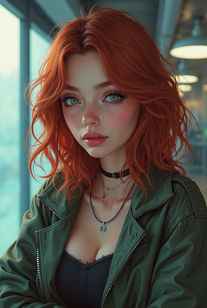 A young lady aged 15 yrs, with long bright red hair, wavy hair, tied in a side ponytail, with air bangs. She has green eyes. She is wearing a red leather jacket. She is naked underneath. She has an athletic figure. She is wearing gold earrings. Looking directly into the camera. She has fair skin, freckles, constricted pupils, parted lips, large breasts, perfect lips, perfect nose, cute face, baby face, Hyperrealism, cinematic lighting, jpeg artifacts, bokeh, textured skin, UHD, best quality, masterpiece, high details, bust chart, close-up view