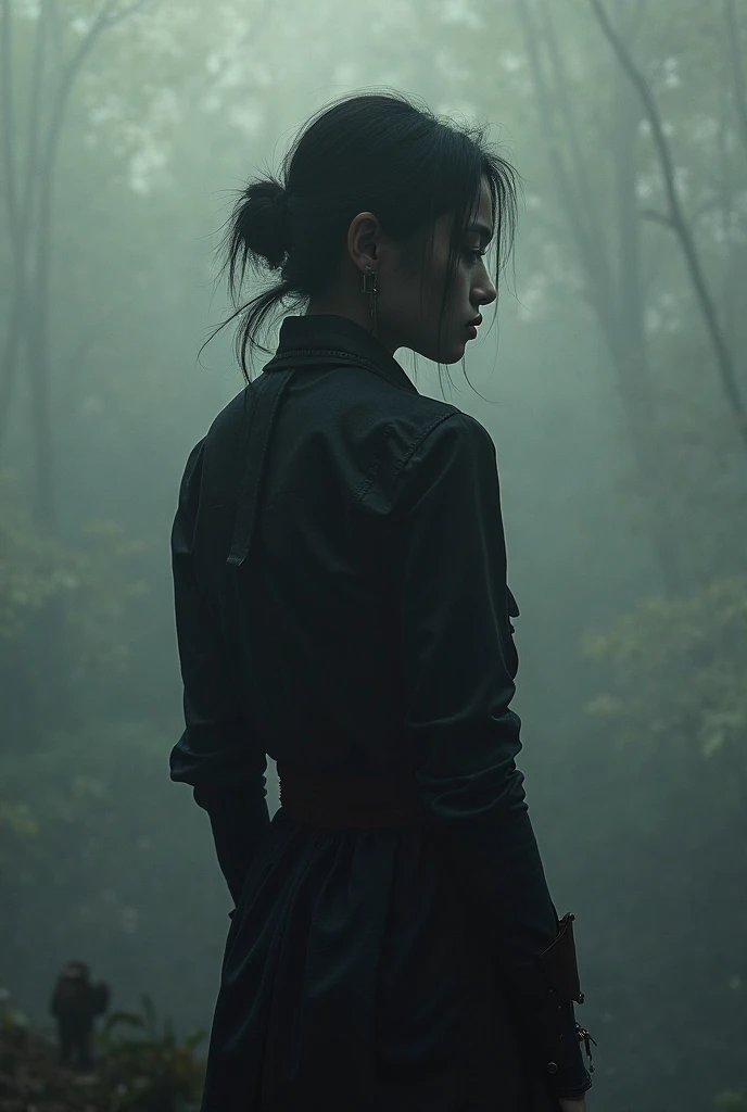 (Best quality, Ultra-detailed: 1.2), cinematic photo, Florista assustadora, surrounding darkness and mystical creatures, enchanting forest, (depth of field: 0.4), (low key lighting: 0.8), (shallow focus: 0.9), eerie, ethereal, haunting atmosphere, silhouettes of creatures lurking in the dense foliage, (high contrast: 1.1), intricately textured trees and plants, (pale colors: 0.6), dewdrops on leaves, (goosebumps: 1.0), photorealistic, otherworldly, (sub