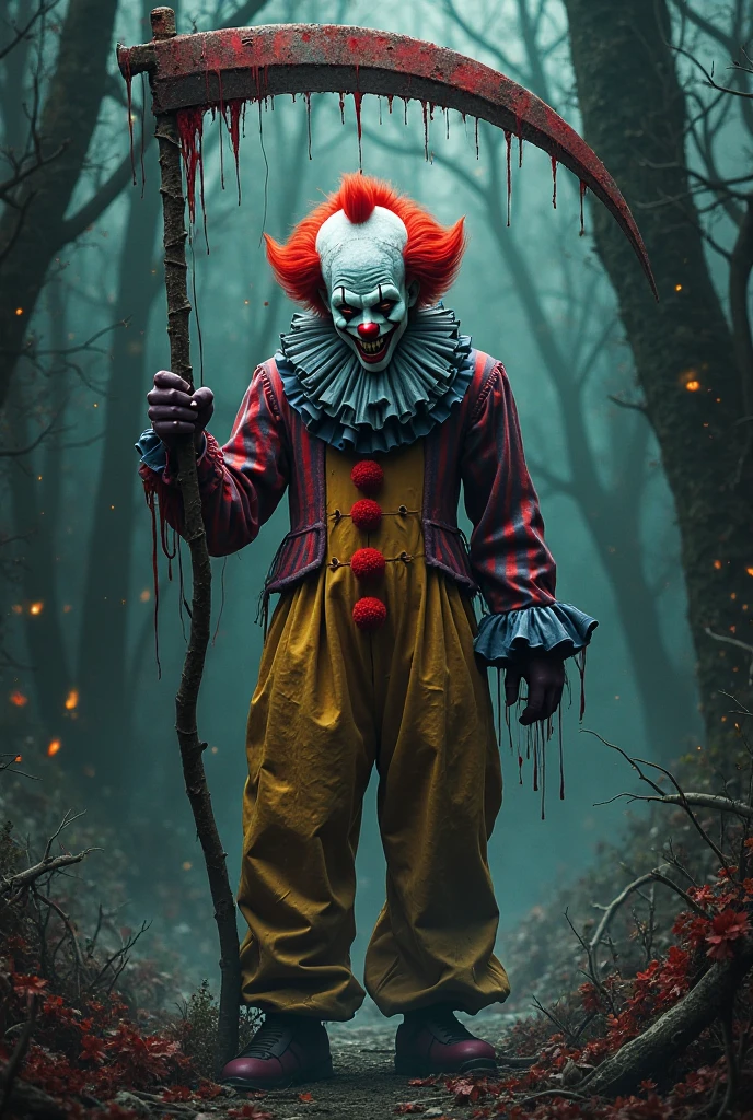 Many Clowns with clown heads coming out of trees in A place with a morbid look that resembles a funeral, pine trees (foggy:1.2), silhouetted in soft shadow (full body photograph:1.2) (Purple Mountain Majesty clown outfit:1.3) (beautiful supermodel:1.1) dancing with arms out detailed background bokeh Fairypunk art by Commedia dell'Arte art by Koloman Moser BY Ferrofluid art by tim flach--v 6.0 --ar 4:3 --style raw --s 650 --v 6.0