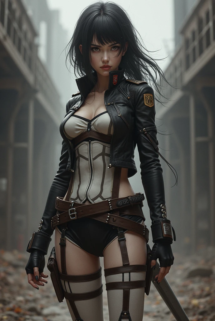Medium breasted woman, pants, rivets, holsters, big gun, long black hair, sunglasses, in the ruins, explosions behind.