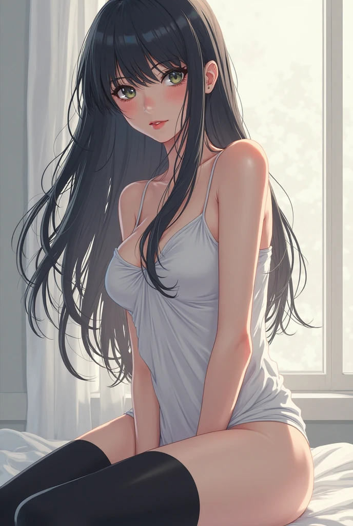 ((masterpiece,Highest quality;1.3,best illustration,realistic)),1woman、独奏,25 year old Japanese beauty,((very small head:1.3)),(center parted bangs,forehead),black hair,long hair,black eyes,gorgeous eyes,tears,shy,sad,medium breasts,((very long body)),((toned body,slender body,skinny)),gleaming skin,shiny skin,oily skin,sweat,(White tank top、No sleeve、Dark blue pleated mini skirt、A rolled up skirt)、White panties、Love juice、Simple bed、Simple bedroom、Dimly lit room、Tokyo、
