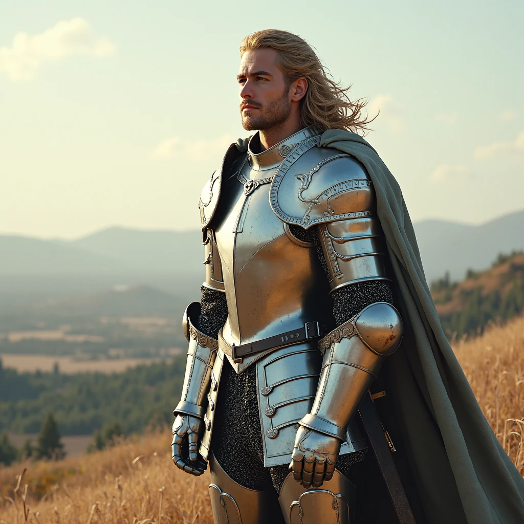 (masterpiece, photorealistic:1.4, extremely intricate:1.3), (photon mapping, radiosity, physically based rendering, ultra resolution, hyper-realistic, photorealistic:1.4, hyper-realistic, 8K), muscular man, ((black chrome late renaissance armor:1.4, chrome rivets (torso photograph), breastplate, green cloak), showing off his bulge, water reflections, gold etching, outdoors, medieval battlefield, sunrise, far away castle, (moat, ([bright ginger hair:dark hair:0.6]), dynamic pose), sharp focus, dramatic, award winning, (film grain, bokeh, interaction)