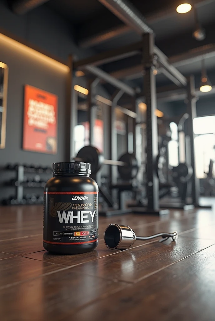 300g protein pot on top of a bodybuilding equipment with a strong man behind with blurred image