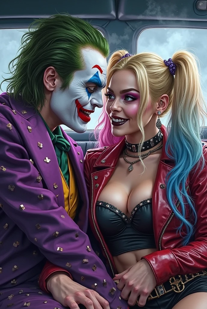 Masterpiece, close up portrait of harley quinn. Pink and blue makup around her eyes with glossy black lips. She is posing sexy. a lit cigarette between her lips and exhaling creamy smoke from her mouth. Lots of smoke lingers and drifts in the air all around her and fills the limousine. She has thick long blonde hair tied in twin bunches with pink and blue ends and she is wearing a short tight black and red leather punk jacket with chains and spikes. Sitting next to her is the joker, white and red face paint and purple jacket with studs. Very Thick smoke fills the limousine like a fog. The joker is grabbing harley's breast and she is in love with joker. detailed and colourful digital comicbook art with deep shadows.