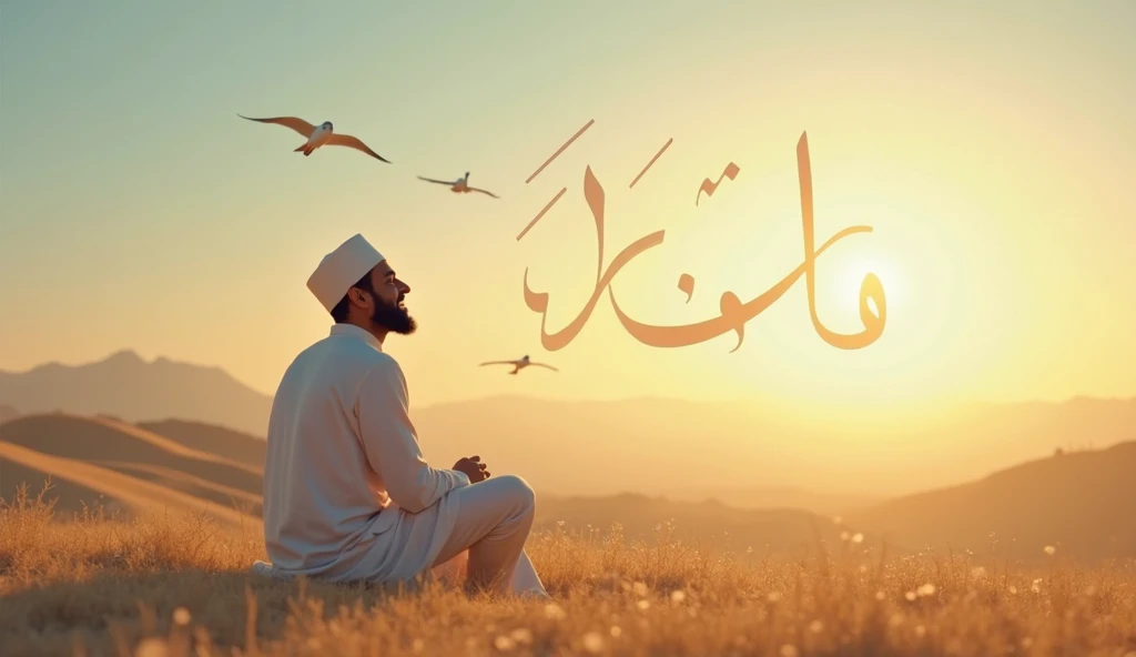 Create an Islamic-themed graphic for a 2024 Naat video featuring a mosque with minarets in the background, a young man in a turbun, white doves, and Arabic calligraphy of 'Muhammad.' Use a soft and calming color palette with light blues and greens