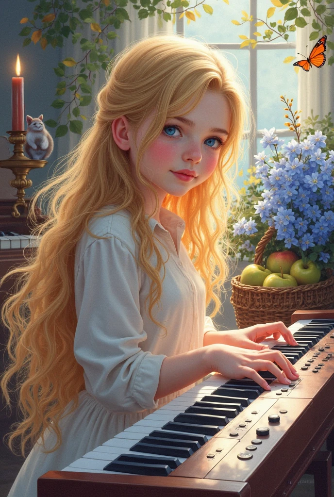 Best picture quality, detailed eyes, lovely little 5 year old girl playing the piano, sheet music propped up on the piano, smiling very happily, amazingly large shining eyes, long eyelashes, long chestnut hair, very pretty , smiling happily, best smile, friendly and happysmile, lilies blooming outside the window,