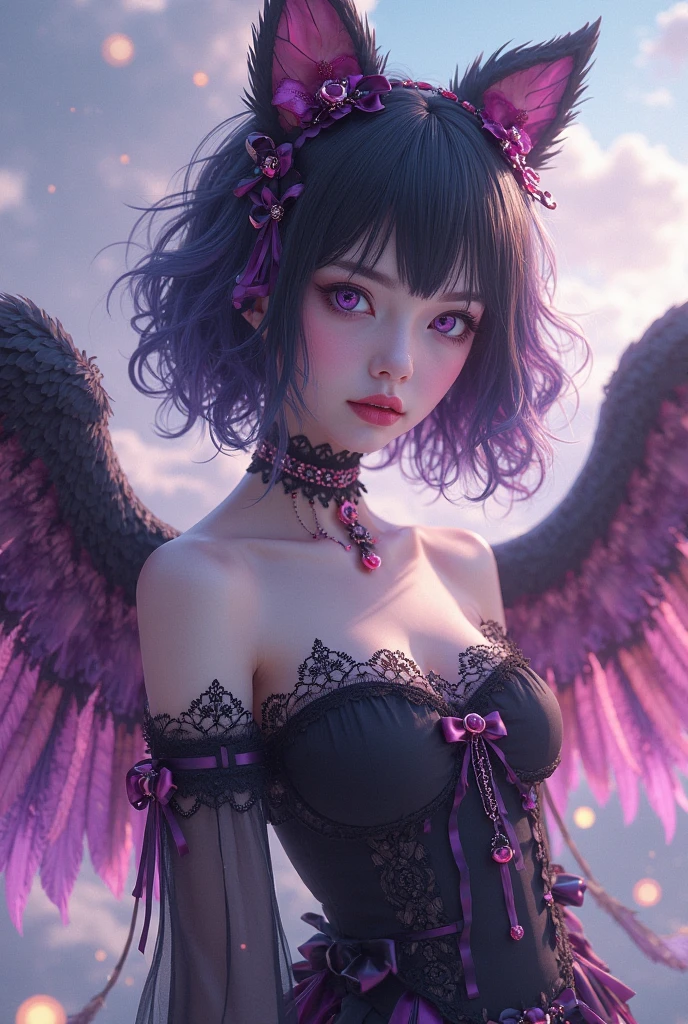 (Masterpiece:1.2), best quality, (illustration:1.2), (ultra-detailed),Eye focus,(Masterfully crafted Glow, pink lens flare), (Cinematic background), hyper details,(delicate details:2), (delicate detailed), (intricate details),in the air, octane render, hdr, (hyperdetailed:1.15), (soft light:1.2), 1girl, beautiful girl, ultra detailed eyes, mature, plump, thick, rainbow painting drops, paint teardrops, woman made up from paint, entirely paint, splat, splash, outdoors, (bioluminescent hair:1.1),(glowing eyes), ((makeup)),(Cinematic masterpiece), fierce, powerful, splashes of colour, absolutely eye-catching, (Cinematic headlighting),(whimsical:1.5),(Dynamic:1.4), light coming from above, growing shadows, ((caustic)), dynamic angle, beautiful detailed glow, ambient occlusion, ambient light, raytraced reflections,(best illumination, an extremely delicate and beautiful), ((cinematic lighting)), (soft:2), (Nephilim:1.2), (halo), demon horns,(1 angel wing),1 demon wing, wings on back, half demon, demon ears, black wings, raven wings, (falling raven feathers:1.3),black hair, grey eyes, (red hair glow:1.2), (radiant aura),(lens flare:1.5),(warm lighting:1.4),(foreground elements:1.5),(perfect face:1.3), extreme detailed eyes, colorful, highest detailed, vibrant colors, high contrast, (8K UHD:1.2), (photorealistic:1.2),official art, unity 8k wallpaper, ultra detailed, beautiful and aesthetic, (zentangle, mandala, tangle, entangle), (fractal art:1.3),(cowboy shot),(Magic circle:1.2),(Magic:1.4),(((colourful))),(romantic:2), the most beautiful form of chaos, elegant, vivid colours, (romanticism:2), by james jean, roby dwi antono, ross tran, francis bacon, michal mraz, adrian ghenie, petra cortright, gerhard richter, takato yamamoto, ashley wood, atmospheric, ecstasy of musical notes, streaming musical notes visible,