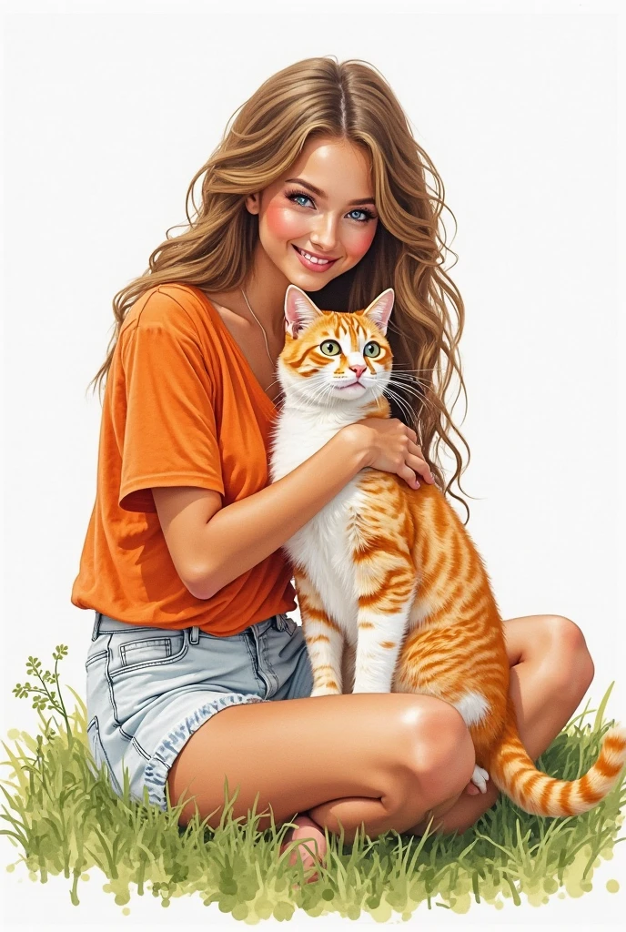 woman with cats, wearing red fashion outfit, with long blonde hair, realistic style image, surrounded by vibraprint ready vector t-shirt design, white background, side view, sticker, clean white background, professional vector, high detail, t - shirt design, vibrant.