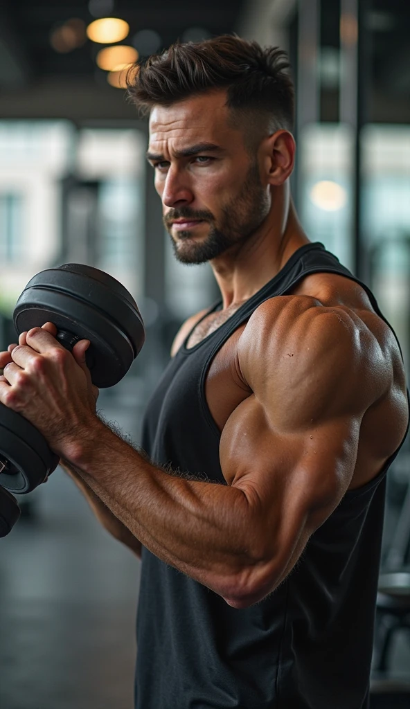 Make an image of a man doing an exercise with a dumbbell with a one kilo disc and a two kilo disc., with the red and black color bar, with red nut type