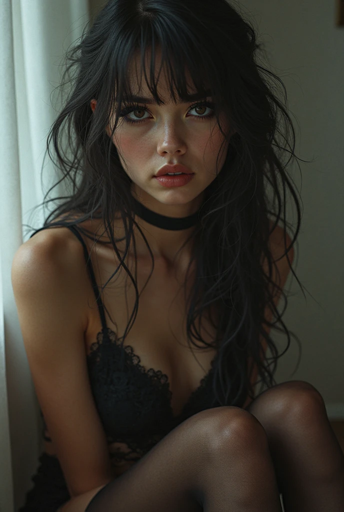 Skinny girl with very long black hair wearing fishnet stockings topless