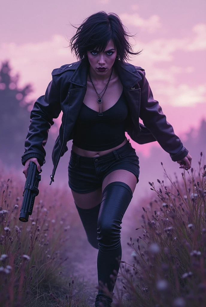 incredibly sexy leather clad punk rock revenge chick holding a pistol standing in a derelict alleyway in the rain at night,long legs,cleavage
