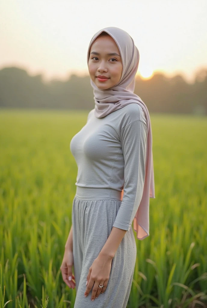 1 malay woman with plain hijab. 30 years old. beautiful face. medium breast. light white legging. evening view. beautiful photo 4k remastered. peeing pants