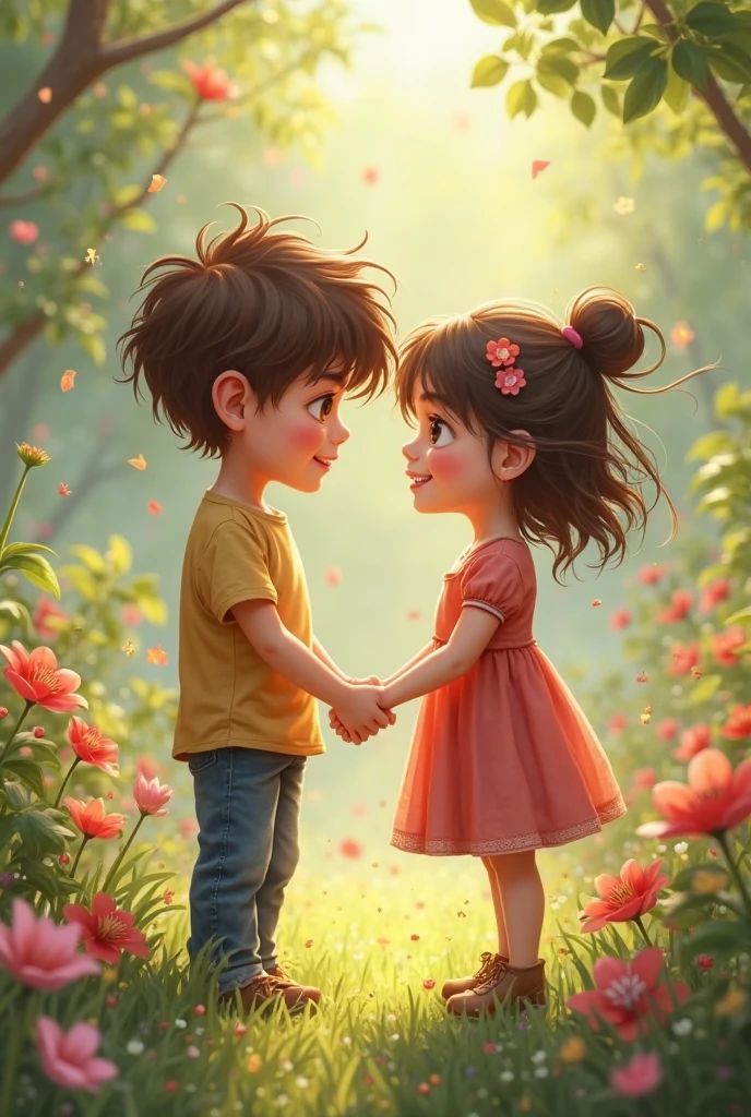 a boy and girl geting romantic and background flower