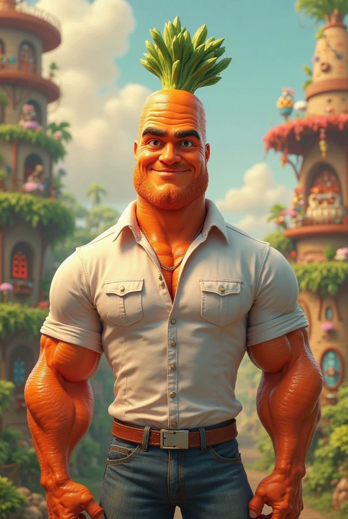 Disney pixar poster, Bald man light brown fighter mma Brazilian. Age 30 years, he has a brown pit bull dog.