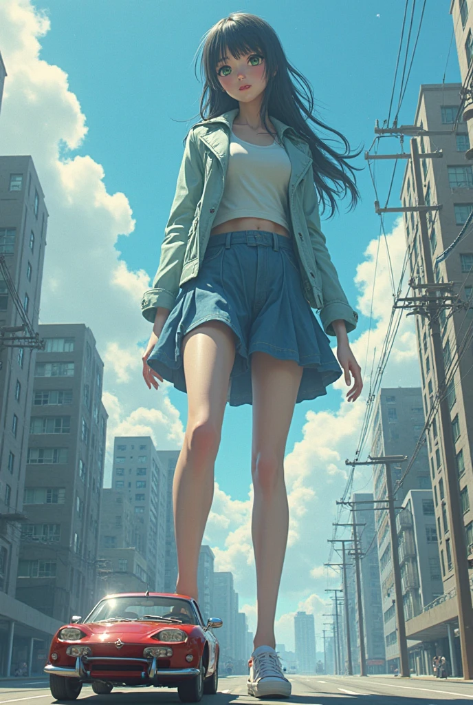 (Giant girl Art), (Super Best masterpiece giant girl Raw Photography Art), (16K, Highest quality, Ultra-high resolution, RAW Photos), (Although it is the real world, It's so unrealistic.), (Very detailed depictionの, 3,500m Giant Woman, Ultra-realistic), (Japanese Girls, So beautiful and detailed, Perfect female body, Accurate female body structure, Accurate female body movements, Highly detailed female body, Super big breasts), Short sleeve shirt, Short skirt, I can see your pants, Very cute face, (Very detailed depiction, Clear and accurate perspective depiction, Ultra-wide field of view, Focus on the average value of the image), Between the skyscrapers, Looking up at the sky, From a place quite far from the city, An enormous giant woman is standing there, Seeing it is unimaginable, It's too big to compete with, The size that seems to reach the sky, When the giantess' feet hit the ground, The ground shook violently, The whole building collapsed, The road cracks, The people in the town can't stand, The car is lifted into the air by the impact, The destructive power of the giant woman is incredible., smiling at us, Panic movie depiction