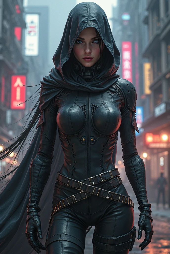 Une femme vampire assassin avec des rondeur tenue de ninja remplit de couteau avec des bottes et pantalon en cuir et flechettes et capuche sur la tête foulard au cou avec une cuirasse imposante sur sa poitrine poser sur une tour la nuit dans une ville de technologie en bleue